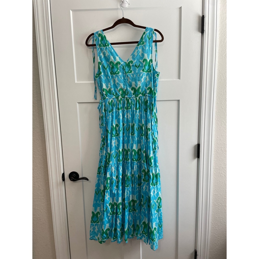 Talbots Petite Blue Green Ikat Cotton Tiered Midi Dress 12P Sleeveless V-Neck - Picture 7 of 10